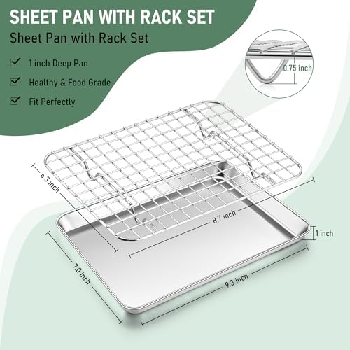Homikit Toaster Oven Pan with Rack (1 Small Baking Sheet+1 Rack), 9” x 7” | Stainless Steel Baking Sheet with Wire Rack, Small Cookie Sheets Bacon Tray with Cooling Rack, Rust Free & Dishwasher Safe - Image 2
