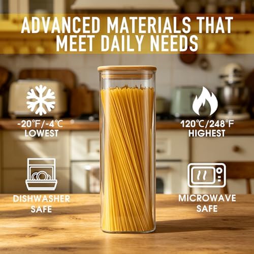 D2scrma 71oz Glass Square Storage Containers with Bamboo Lids Set of 3 (2100ml) Tall Food Storage Canisters Kitchen Jars for Pantry Organization Pasta, Penne, Macaroni, Lasagna, Fusilli - Image 4