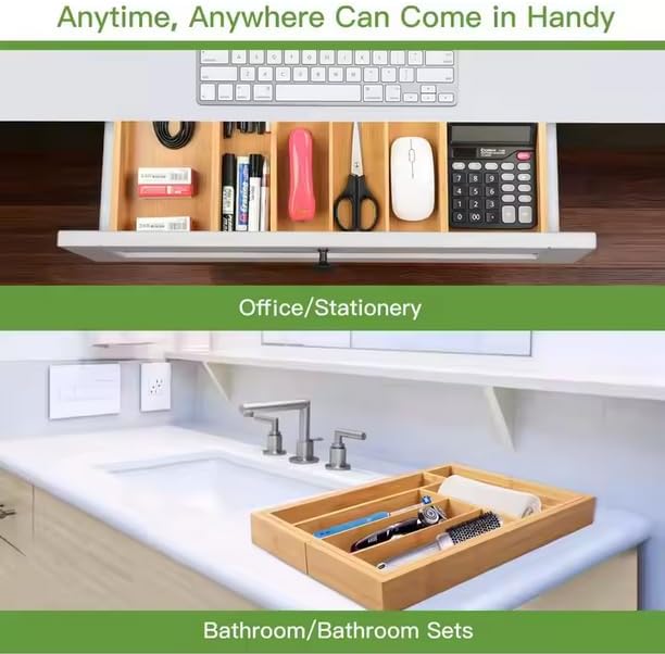 Kitchen Drawer Organizer Expandable Bamboo, Utensil Organizer for Kitchen Drawer, Adjustable Silverware Organizer Tray 13–19.6”, Wooden Cutlery Drawer Organizer, Deep Compartments 2 PACK - Image 6