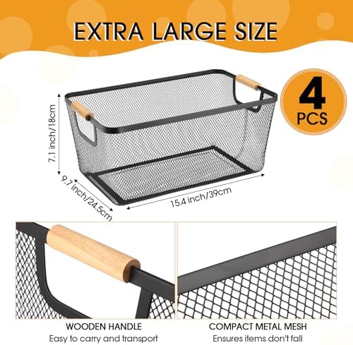 Ziliny 4 Pcs Mesh Wire Baskets for Organizing, Extra Large, Black | Metal Pantry Organizers with Wooden Handles, Storage Steel Bin, Kitchen Baskets for Fruit Potato Onion Snacks Bath Cabinet - Image 2