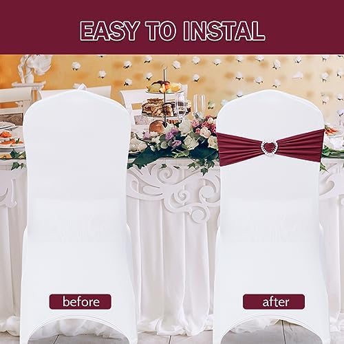 Pack of 30 Spandex Chair Sashes Bows Stretch Chair Cover Band with Buckle Slider Universal Elastic Chair Ties for Wedding Banquet Party Event Decoration (Burgundy) - Image 4