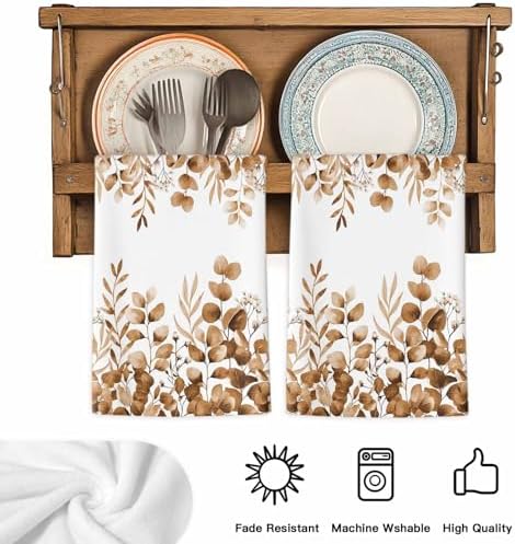 Brown Eucalyptus Kitchen Towels Set of 2, Absorbent Dish Towels for Kitchen, Botanical Summer Leaves Country Floral Microfiber Hand Towel, Quick Drying Tea Towel for Cleaning Decorative Dishcloths - Image 5