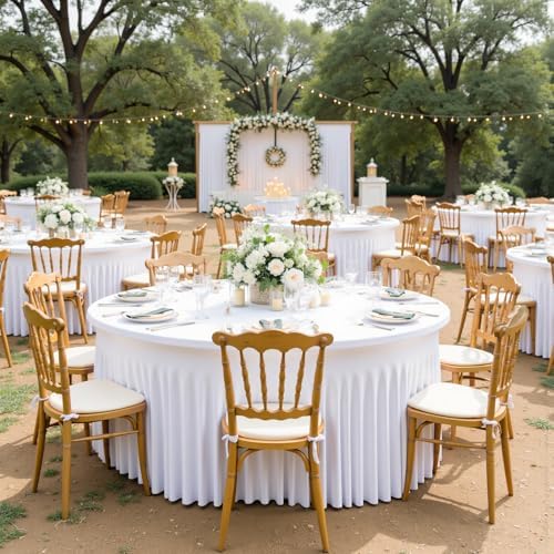 Outpain 4 Pack White Spandex Tablecloth for 72in/6FT Round Tables, Wrinkle Free Tablecloth with Skirt for Wedding, Graduation & Banquet - Image 2