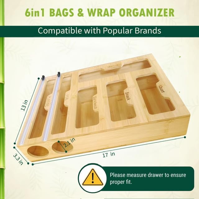 Bag Storage Organizer for Drawer, 6 in 1 Foil and Plastic Wrap Dispenser with Cutter, Bamboo Plastic Baggie Organizer for Gallon, Quart, Sandwich, Snack - Image 2