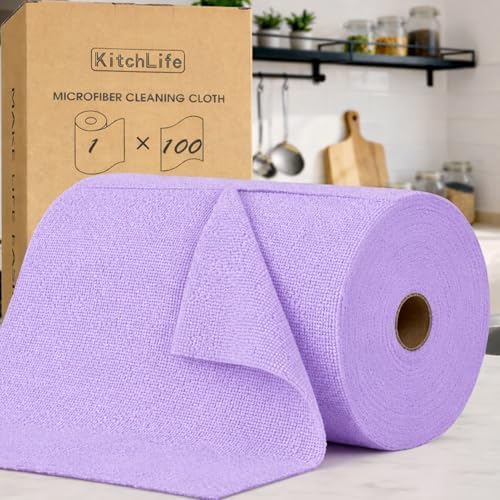 KitchLife Microfiber Cleaning Cloth Roll, 100 Pack - Tear-Away Microfiber Paper Towels, Lint-Free, Reusable, Washable for Kitchen, Car, Dishes, and Sensitive Surfaces (Light Purple) by OverDoorHooksKitchenSupplies