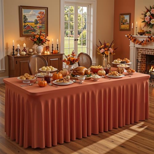 Wish Care 2 Pack Rust Spandex Table Clothes for 4 Foot Rectangle Tables, 4FT Wrinkle Free Fitted Tablecloths Ruffles Design Table Cloth for Party, Banquet, Wedding and Events - Image 6