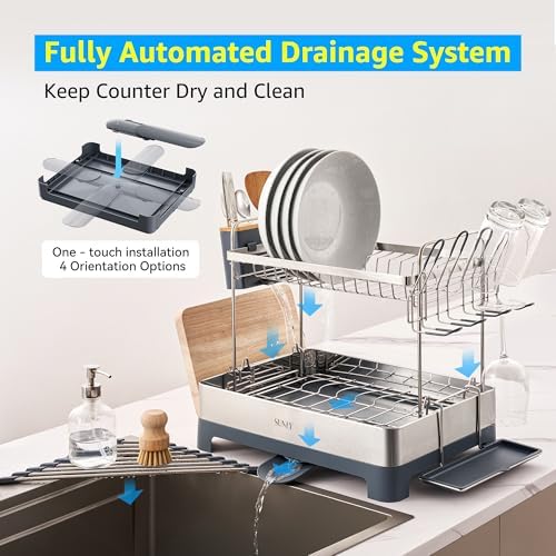 SUNLY Large Dish Drying Rack, Multipurpose 2 Tier Dish Racks for Kitchen Counter, 304 Stainless, Extra Large Drain Board, Gray - Image 4