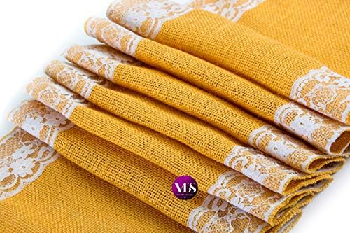 VDS Pack of 15, Burlap Table Runner with White Lace Edge, 100% Natural Jute Rustic Hessian Table Cloth Centerpiece for Wedding Birthday Party Banquet Table Decoration (Size 12X108 Inch)(Gold) - Image 2