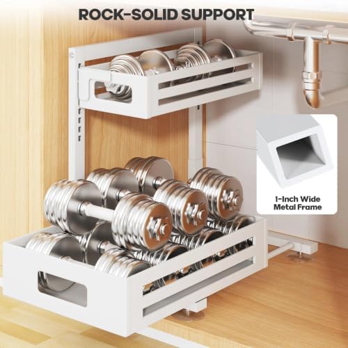 2 Pack Under Sink Organizer,Pull Out Cabinet Organizer With Smooth Cylindrical Rail,Metal Slide Out Drawer for Kitchen Bathroom Laundry Cabinet,8-Level Tool Free Height Adjustable-White - Image 5