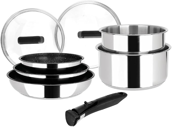Sitram 8-Piece Stainless Steel Cookware Set: 3 Frying Pans (20-24-28 cm) + 2 Saucepans (16-18 cm) + 2 Glass Lids (16-18 cm) + Removable Handle, Suitable for All Heat Sources by Sitram