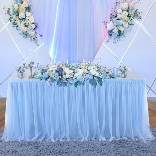 167in Baby Blue Tulle Table Skirts for Rectangle Tables 6/8ft, 2-Layer Gold Grim Ruffle Tulle Tutu Blue Cloth Table Skirt 14ft Decor Boy Birthday Party Baby Shower Cake Dessert Tables(No Table Cover) - Image 3