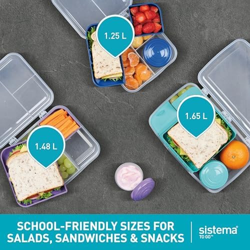 Sistema To Go 1.48L (2-Pack) Bento Box Food Storage Containers, School Lunch Boxes with Removable Dividers & Snack Pot, Two 1.48L Containers, Freezer, Microwave, & Dishwasher-Safe, BPA-Free - Image 4