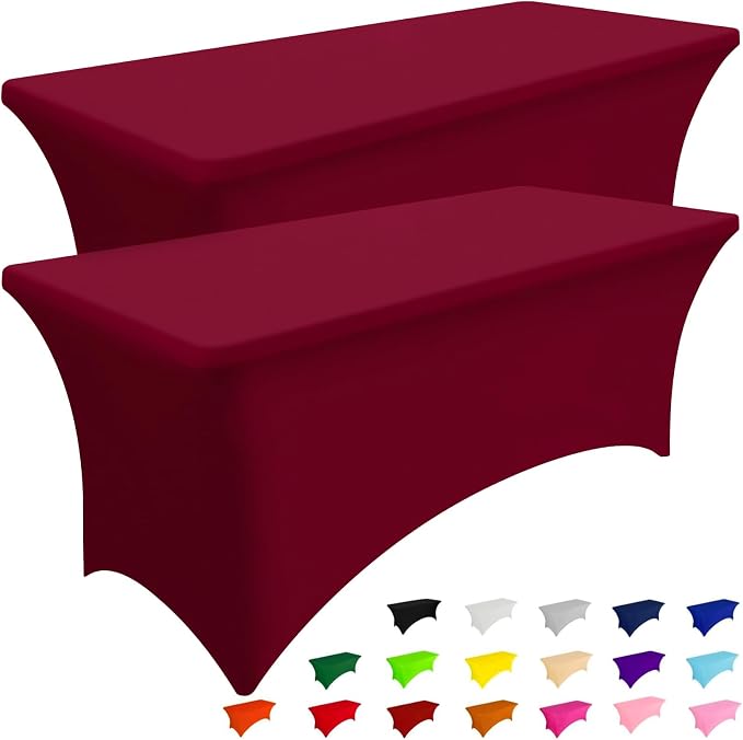 Smiry 2 Pack Spandex Table Cloth 8FT, Elastic Fitted Wine Red Tablecloth by Smiry