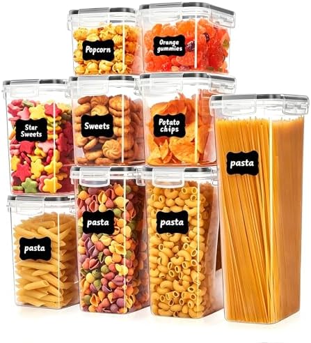 9 PCS Airtight Food Storage Containers with Lids, Plastic Kitchen and Organization Canisters for Cereal, Dry Food, Flour and Sugar, BPA-Free, PVC-Free, Includes Labels & Marker by Asnews