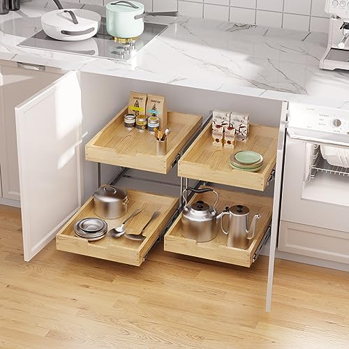 Sikarou Wood Pull Out Cabinet Organizer 2 Tie 11" W x 21" D for 12" Cabinet Opening, Heavy-Duty Sliding Drawers for Inside Cabinets Storage and Organization for Kitchen, Pantry, Bathroom - Image 5