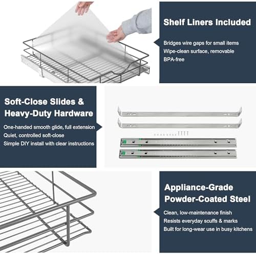 Pull Out Shelves - 23" W x 22" D Soft Close Pull Out Cabinet Organizer 1 Tier - Sliding Shelves with Shelf Liner - Heavy Duty Steel Wire Drawers for Kitchen Cabinets, Pantry, Bathroom - Image 4