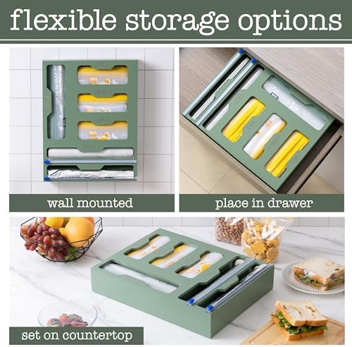 Rae Dunn Bamboo Bag Organizer for Kitchen Drawer - Durable Wood Organizer for Kitchen Storage - Holds Gallon, Quart, Snack, Sandwich Size Baggies, Plastic Wrap and Foil - Image 4