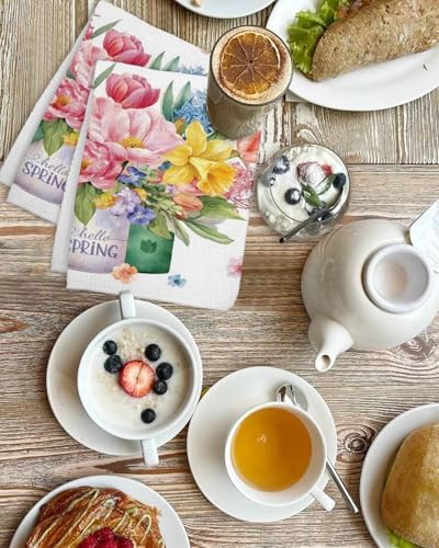 Spring Flowers Waffle Kitchen Hand Towels Set of 3, Watercolor Floral Leaves Butterflies Plant Absorbent Hair Dish Bath Tea Golf Microfiber Towel, Yoga Gym Workout Towel Dish Washcloth 15.7"x23.6" - Image 4