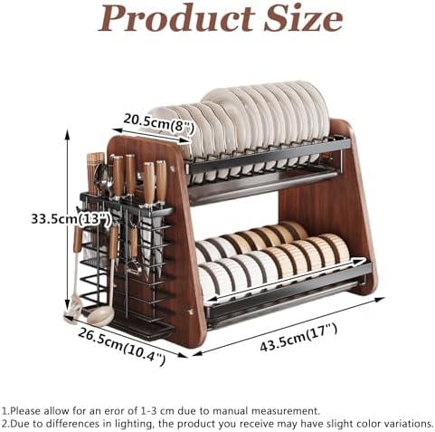 Modern Wooden 2-Tier Dish Drying Rack,Stainless Steel Dish Drainer,Saving Kitchen Space,with Removable Cutlery Holder,with Utensils Flatware Holder Set - Image 2