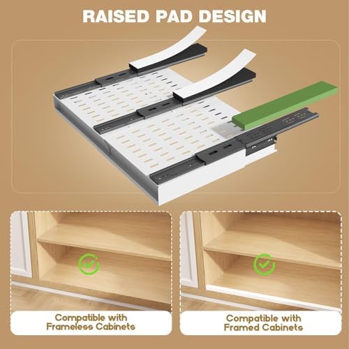 Seinloes Pull Out Cabinet Organizer, 4-Side Expandable to Fit Most Cabinets, 3 Rail Slide Out Drawers with Raising Pad for Framed & Frameless Cabinets, 13"-21" W x 13"-17" D, White, 2 Pack - Image 4