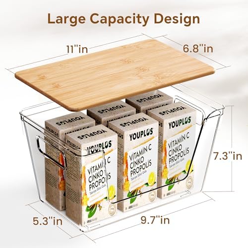 Criusia 4 Set Pantry Organizers and Storage with Bamboo Lids, Stackable Clear Bins for Onion, Potato, Fruit, Vegetables, Trash Bag Dispenser, Kitchen and Under Sink Organizer - Image 3