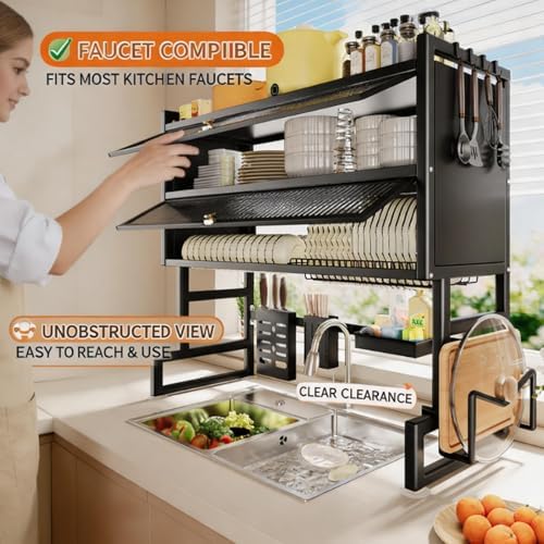 KeepKitchen Sink Shlef Organized Space-Saving,rack dishwashing sink countertop dustproof cupboard storage multifunctional tableware storage drain rack double layer(White single layer,65cm/25.6in) - Image 7
