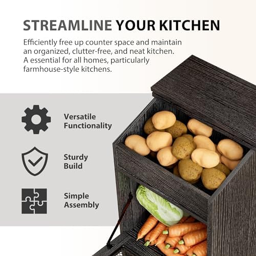 ONG Potato Storage Bin Wood Sets of 2, Wooden Double Bread Storage Bins, Decorative Potato and Onion Storage Bin Set 2, Potato Bin with Grocery Section, Wooden Vegetable Storage Box with Lid, Black - Image 3