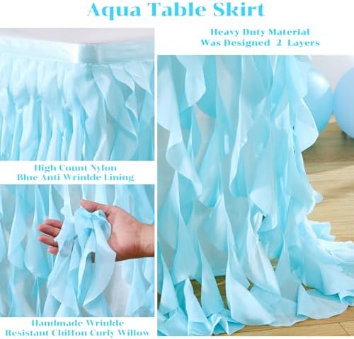 Partisky Aqua Blue Tulle Curly Willow Table Skirt for Rectangle Table 17ft, Ruffle Tutu Table Cloth for Boys Baby Shower,Birthday Party Candy Cake Tables - Image 5