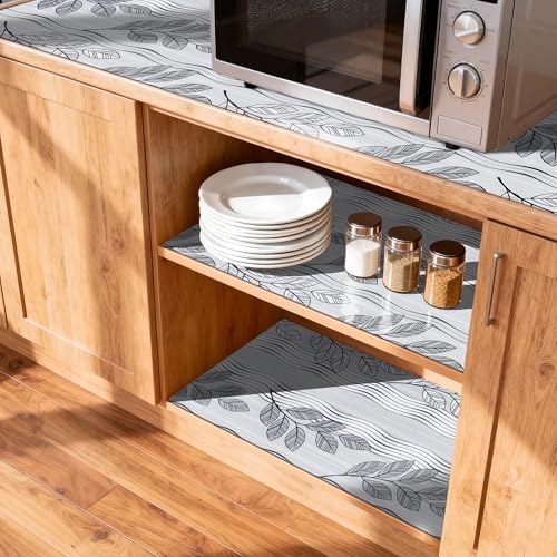 FIFTY FEET Grey Leaves Shelf Liner for Kitchen Cabinets, 18 x 96 Inch x 8 Roll Non Adhesive Non Slip Drawer Liner, Washable Cabinet Liner for Shelves & Drawers - Image 3