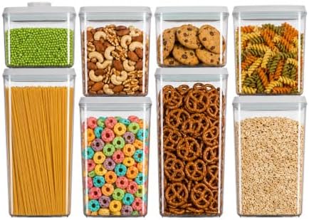 8-Piece Airtight Food Storage Containers, Pasta Pantry Canister Set | Two each of 1.3, 2.1, 2.9 and 3.5 Qt; clear stackable BPA-free pantry canisters with pop lids and tall spaghetti storage set. by Unknown