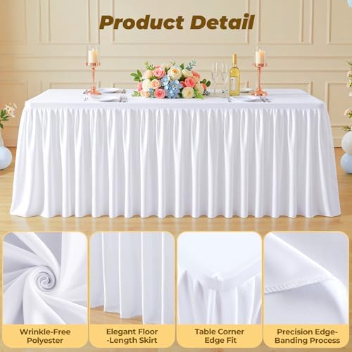 White Polyester Table Cloths for Rectangle 8 Foot Tables, 6 Pack Wrinkle Free Tablecloths Stretchy Banquet Ruffle Fitted Table Cover Desk Skirt for Parties Wedding Birthday Baby Shower - Image 3