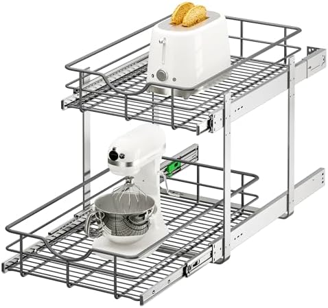 2 Tier Pull Out Cabinet Organizer - 14" W x 22" D Soft Close Slide Out Shelves with Shelf Liners - Pullout Drawers for Kitchen Cabinets, Pantry, Bathroom, Heavy Duty Steel Wire Baskets by Unknown
