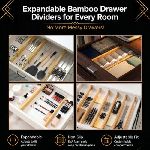 Adjustable Bamboo Drawer Dividers Expandable 8 Pack 17-22 Organizer | Kitchen, Dresser, Closet, Bathroom, Bedroom & Office Storage, Solid Moso Bamboo, Spring-Loaded, 80 Labels - Image 5