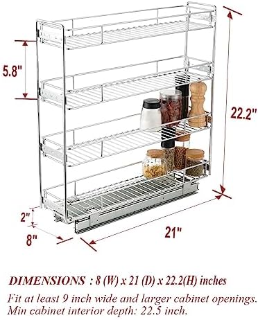 OCG 4-Tier Pull Out Kitchen Cabinet Spice Rack Holder Shelves (8" W x 21" D), Slide Out Slim Storage Wire Baskets for Storage Organization, Narrow Slide Out Storage for Narrow Space - Image 2
