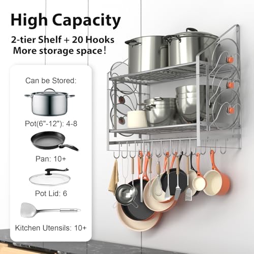 VyGrow 28 Inch Pot Rack Wall Mounted, 2 Tier Pots and Pans Organizer with 20 Hooks and 6 Pot Lid Holders, Heavy Duty Steel Pot and Pan Hanger for Kitchen Cookware Utensils Storage, Silver - Image 3