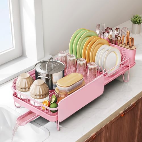 SNTD Large Dish Drying Rack for Kitchen Counter, Expandable, Pink by SNTD