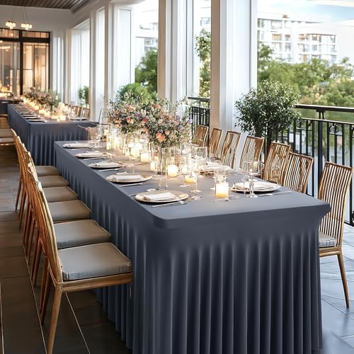 Wish Care 2 Pack Gray Spandex Table Clothes for 6 Foot Rectangle Tables, 6FT Wrinkle Free Fitted Tablecloths Ruffles Design Table Cover for Party, Banquet, Wedding and Events - Image 6