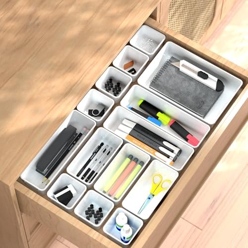 Cetomo 14 Pcs Drawer Organiser Set, Plastic Storage Drawer Organizer, Drawer Dividers, Adjustable and Expandable, Container Tray for Kitchen Utensils, Cosmetic, Makeup, Gadgets, White, 4 Size-14 Pack - Image 4