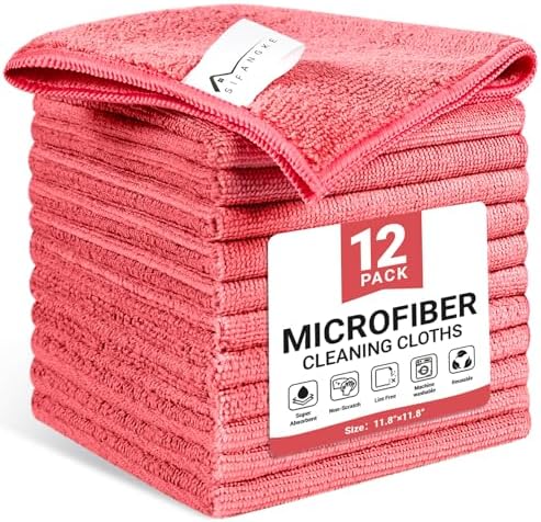 SIFANGKE Microfiber Cleaning Cloth, 12 Pack Pink Cleaning Rags for Housekeeping, Reusable Microfiber Towels for Car, Kitchen, Bathroom and Household Cleaning Supplies, 11.8"X11.8" by Unknown
