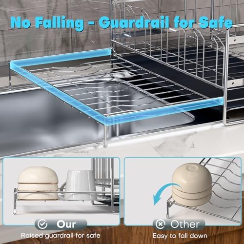 Large Dish Drying Rack, Expandable Dish Rack, 304 Stainless Steel Dish Racks for Kitchen Counter, Multifunctional Dish Drainers with Utensil Holder & Cutting Board Holder - Image 7