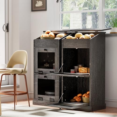 ONG Potato Storage Bin Wood Sets of 2, Wooden Double Bread Storage Bins, Decorative Potato and Onion Storage Bin Set 2, Potato Bin with Grocery Section, Wooden Vegetable Storage Box with Lid, Black by ONG