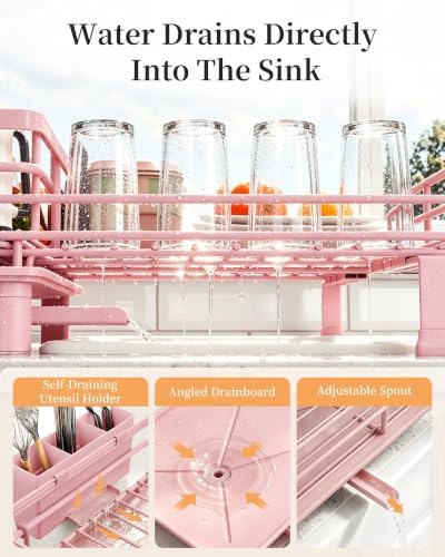 SAYZH Expandable Dish Drying Rack for Kitchen Counter, Metal, Pink - Image 5