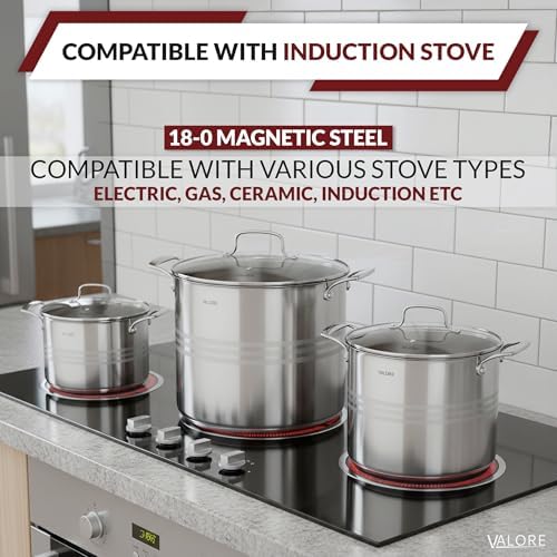 Valore 3 pc Stainless Steel Stock Pot Set - 12, 16 & 24 qt - 5-ply Canning Pots with Brushed Stainless Finish & Riveted Handles - Canning Supplies Compatible with All Cooktops - Image 4