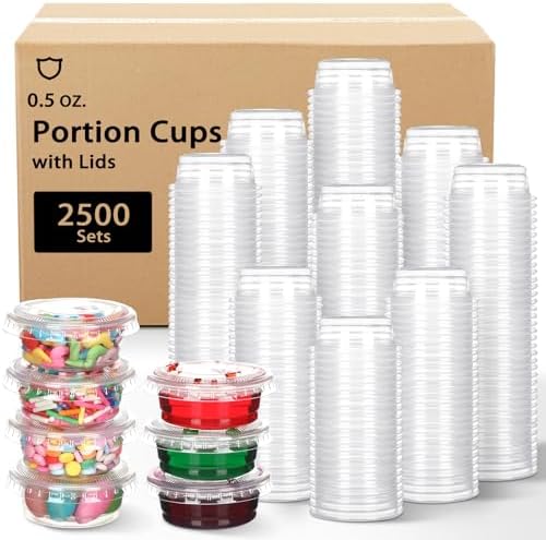Bokon 2500 Sets 0.5 Oz Clear Plastic Portion Cups With Lids Condiment and Dipping Sauce Container Salad Dressing Container Airtight and Stackable Souffle Cups for Lunch, Party, Trips by Bokon