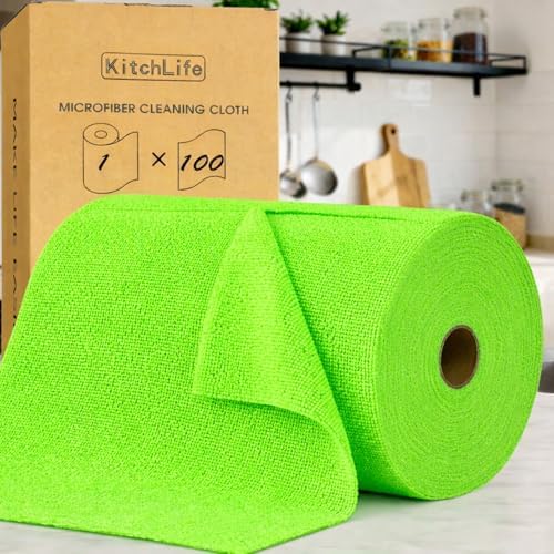 KitchLife Microfiber Cleaning Cloth Roll, 100 Pack - Tear-Away Microfiber Paper Towels, Lint-Free, Reusable, Washable for Kitchen, Car, Dishes, and Sensitive Surfaces (Neon Green) by OverDoorHooksKitchenSupplies