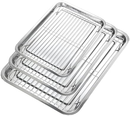 Baking Sheet with Cooling Rack Set, 3 Stainless Steel Baking Pan Cookie Sheet with 3 Cooling Rack, 9/12/16 Inch Cookie Tray Pans for Baking, Non Toxic & Easy Clean by Unknown
