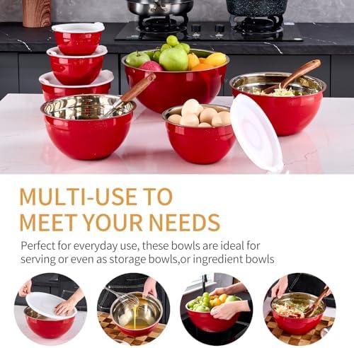 Red Mixing Bowls With Airtight Lids,Stainless Steel Bowl,Salad Bowls 7 Piece Colorful Nesting Bowl Red Kitchen Accessories,Size 7,3.6,2.7,2.1,1.5,1.1,0.8QT Stackable Design - Image 5