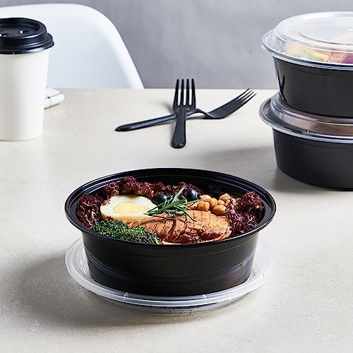 FULING 32 oz 50 ct Round Meal Prep Containers with Lids Plastic Food Storage Lunch Plan To Go Box Disposable Take Out Bowls Black BPA Free Reusable Durable Stackable Microwave Freezer Dishwasher Safe - Image 4