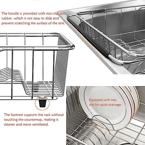NiuYichee Stainless Steel Dish Drying Rack (15" L X 11" W X 4.1" H), Expandable Fruit & Vegetable Drain Rack Over Sink, Dish Drainer Rack in Sink, with Utensil Holder & Silicone Mat (16") - Image 7