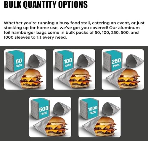 Aluminum Foil Hamburger Bags, Grease-Resistant, 100 Pack | Burger Wrappers for Hot Sandwiches, Paninis, BBQ, Food Trucks, Restaurants, Delis, and Takeout - Image 2